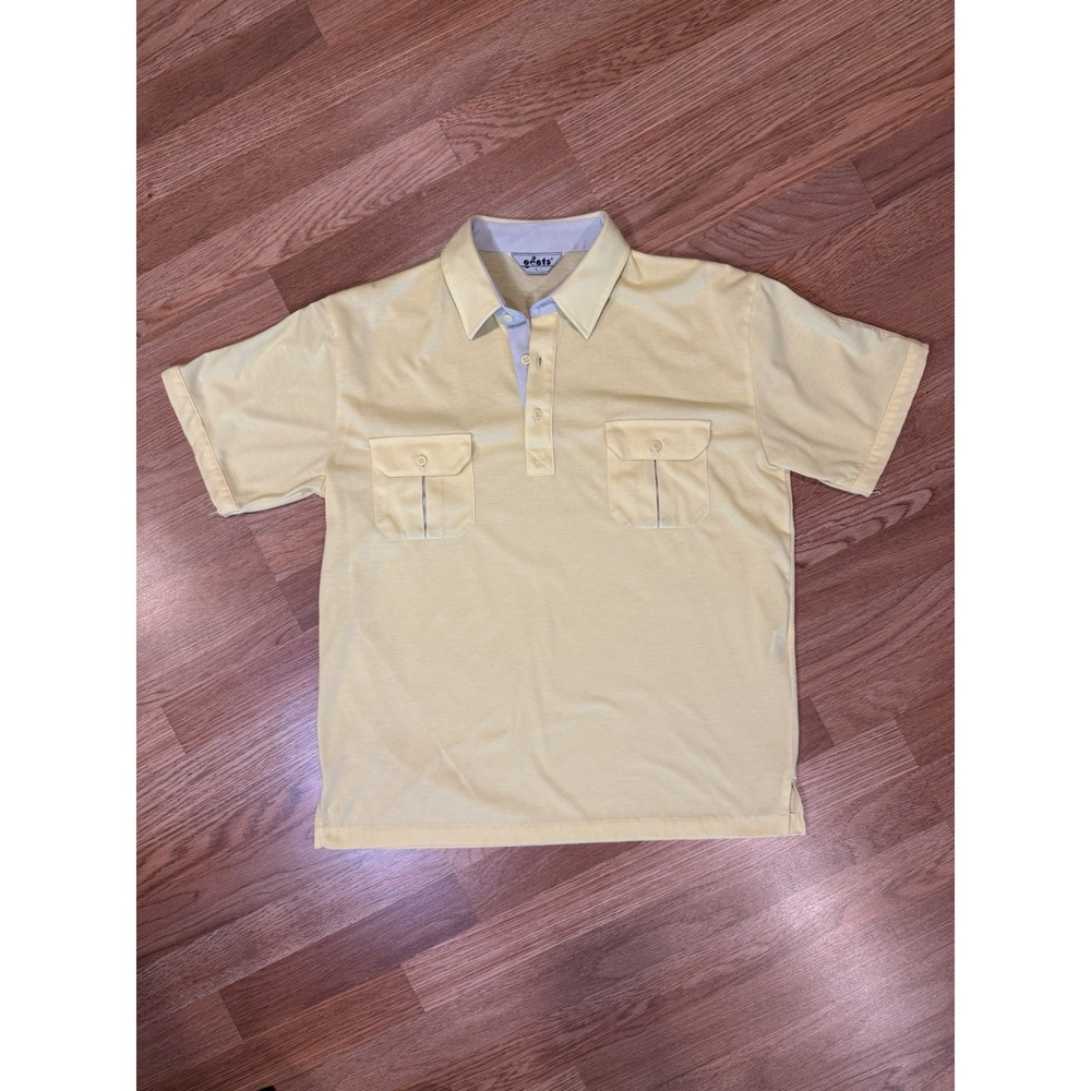 Vintage 70s 80s Gents Soft Yellow Knit Polo Golf Shirt Mens Sz LG  Pockets Retro